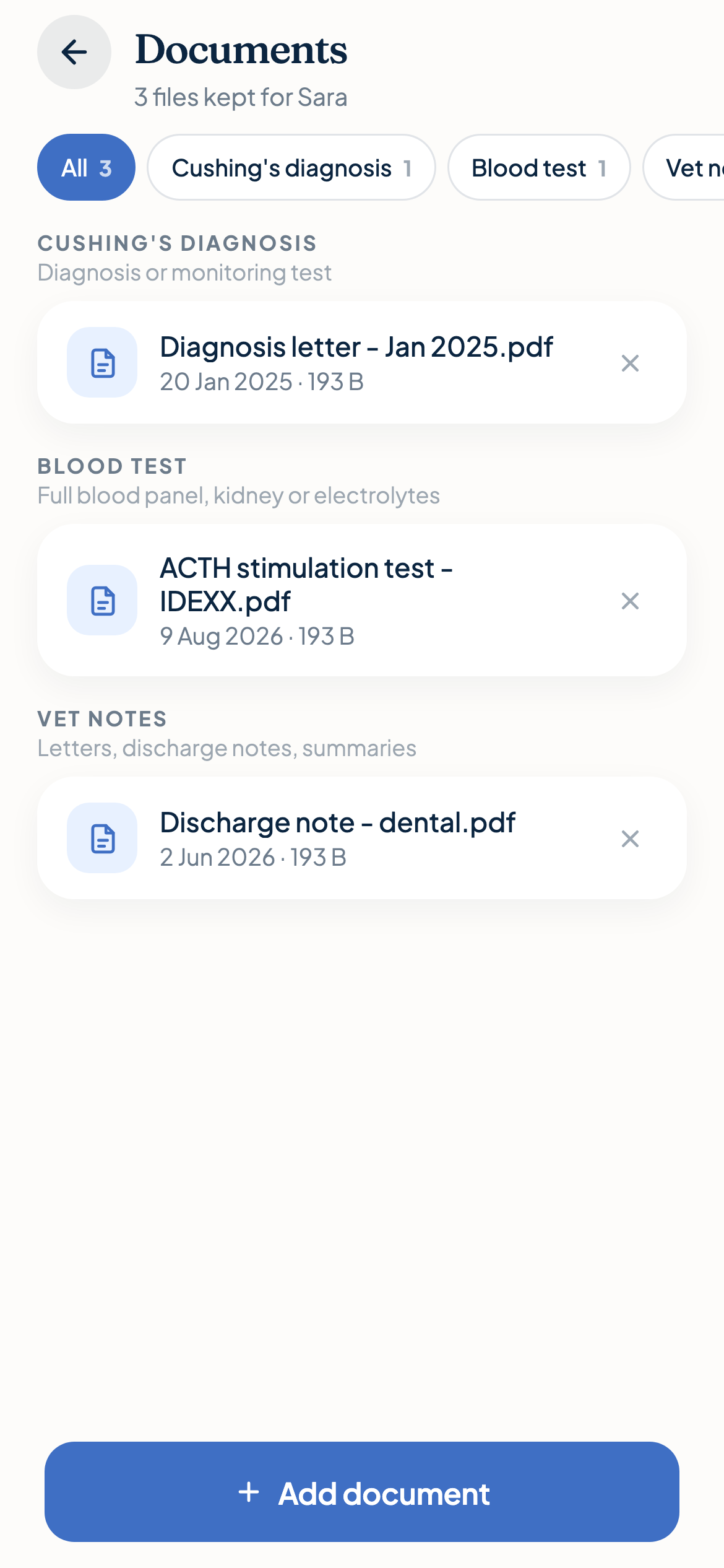The documents screen with filed test results and vet letters